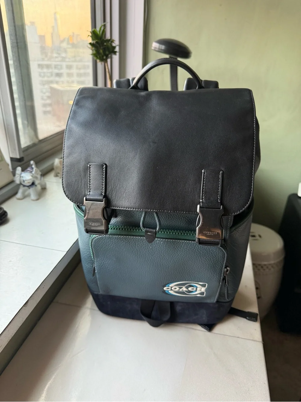Coach Two-Tone Black and Teal Leather Backpack